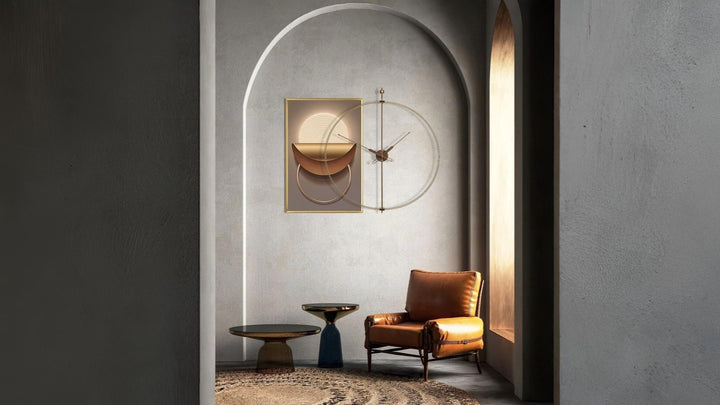 Luxury Wall art styled with nomon barcelona premium wall clock in a corner of a luxury home by celebrity interior stylist Navin Kanodia of Spacio Mumbai