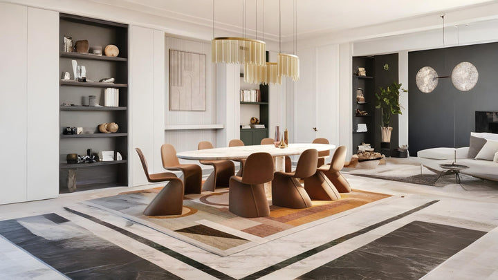 Elegant dining room with a contemporary marble-top dining table and designer decorative pendant lights in gold, styled to elevate luxurious modern interiors.