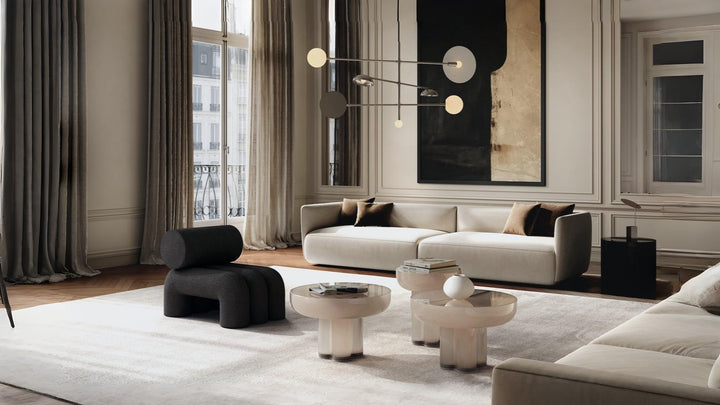 Minimalist Japandi style living room featuring Scandinavian furniture, neutral tones, and Japandi decor accessories from Spacio India, showcasing a balance of Japanese simplicity and Scandinavian warmth, ideal for luxury interior styling.