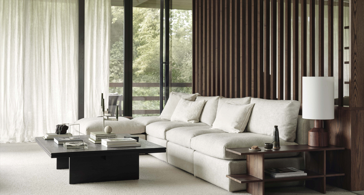 Japandi style contemporary furniture set featuring coffee table, sofa and accessories, exclusively at Spacio India stores and online.