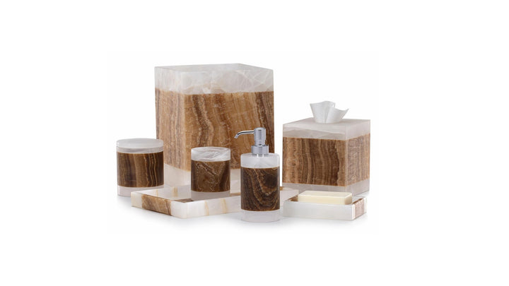 Full Labrazel Onix Mocha bathroom accessories set, styled by Spacio India for luxury vanity and countertop elegance