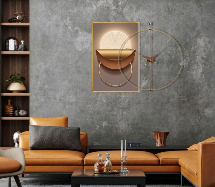 Contemporary luxury living room with sculptural wall clock and modern art – interior styling by Spacio India