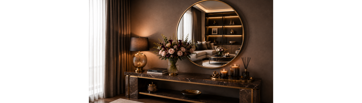 Luxury console table styled with decorative objects, flowers, candles and designer accessories beneath a round mirror with reflection of a book shelf and coffee table. 