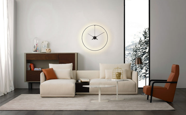 Nomon Ombra Light Clock creating a modern statement in a luxury living room, perfect for premium home styling, from Spacio India.