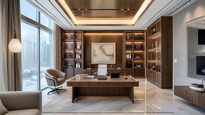 Modern executive office with wood shelves, ambient lighting, and curated decor accessories