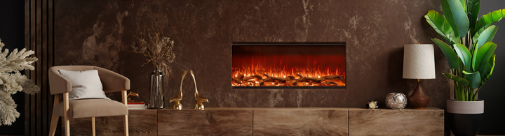 Planika Artificial wall fireplace in a luxury modern Indian home, styled by Interior Stylists and Fire Experts from Spacio India. 