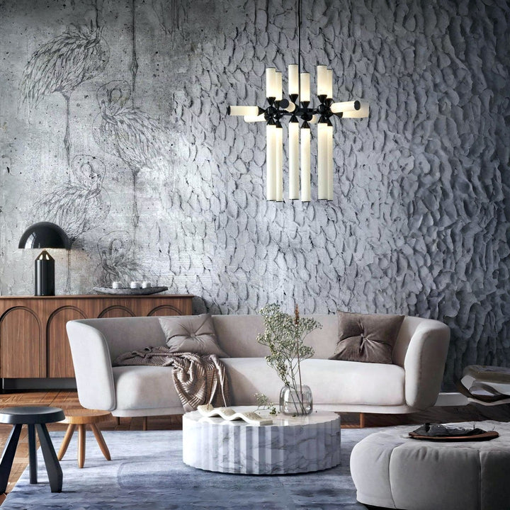 Luxury modern living room furniture styled with Italian contemporary chandelier from Spacio Kolkata.