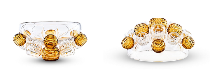 Mario Cioni Thoris crystal centrepiece in 2 postions with amber and clear glass spheres displayed at Spacio