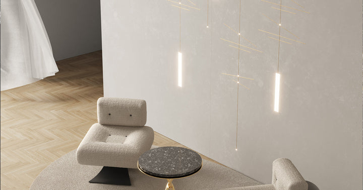 Mestyle unique and designer wall paper with light in a luxury home double height wall living room