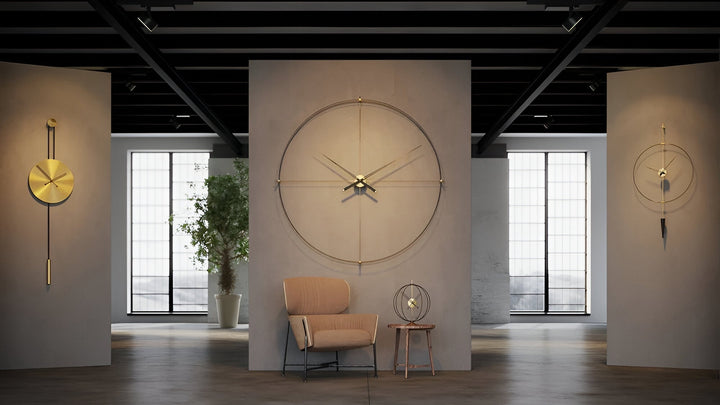 Designer Wall clocks and table clock displayed in a showroom. All clocks available at Spacio retail stores in Mumbai & Kolkata