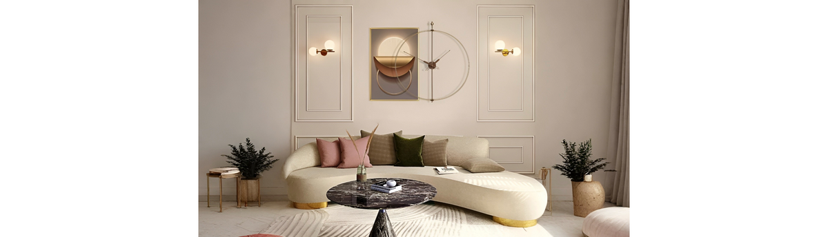 Designer wall clock paired with contemporary art print styled as The Art of Time concept by Navin Kanodia for a luxury Indian living room