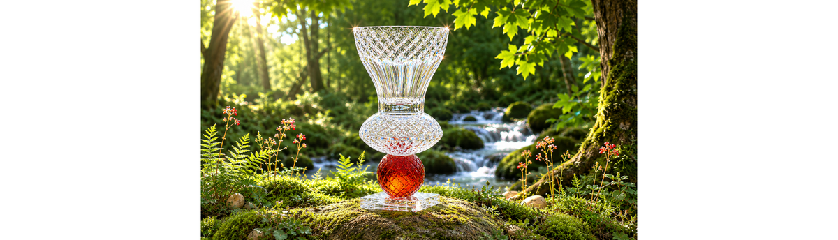 Luxury European crystal vase displayed beside a sunlit forest stream, highlighting timeless crystal craftsmanship and elegance