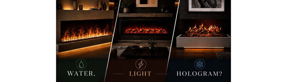 Modern fireplace technologies including water vapour, LED, digital and real flame image