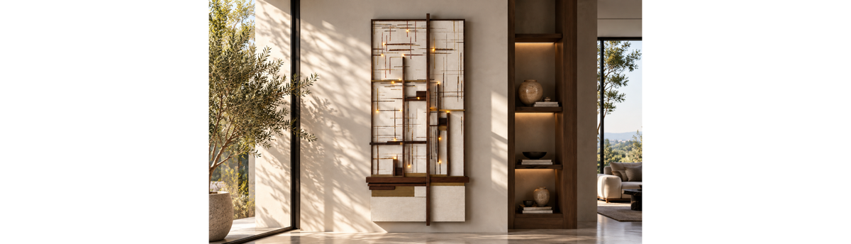 Framed LED and crystal wallpaper creating a statement wall in a luxury interior