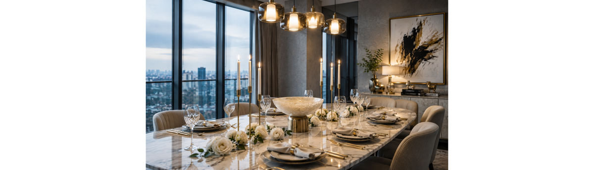 Luxury dining table and sideboard styled with premium home decor accessories, sculptures, vases and an exclusive centrepiece