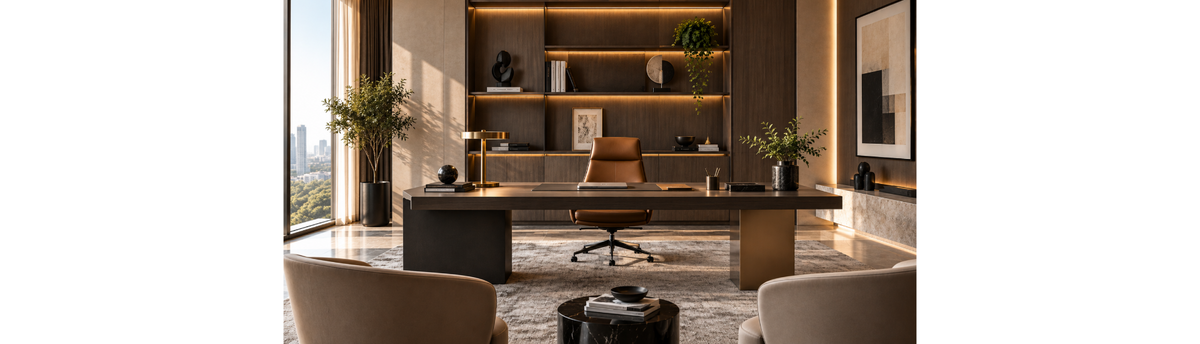 Sophisticated executive office with a substantial desk, considered decorative accessories, artwork, sculptural objects and balanced negative space.