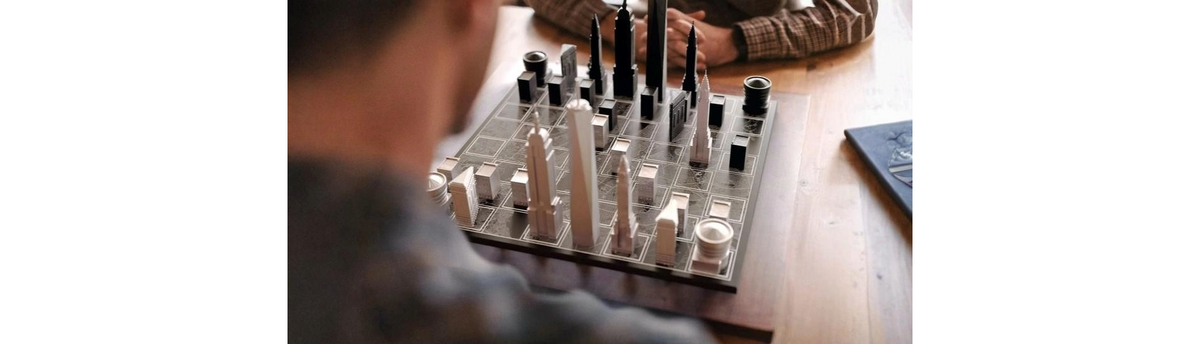 Luxury architectural chess set styled as sculptural decor in a modern Indian home