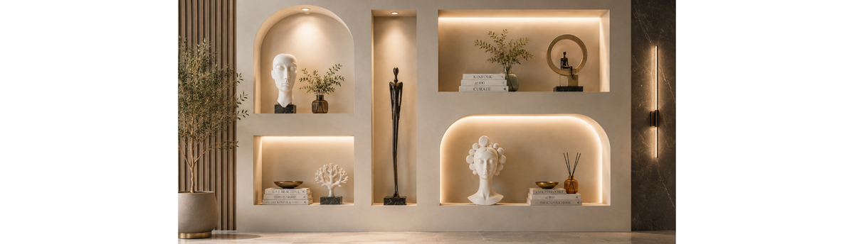 Luxury niche styled with a sculpture and luxury home decor accessories