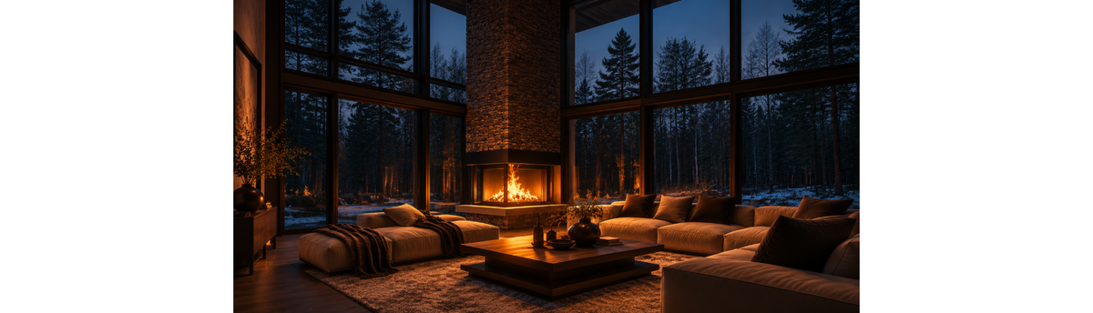 Luxury living room with fireplace glow, sculpture and coffee table styling after dark