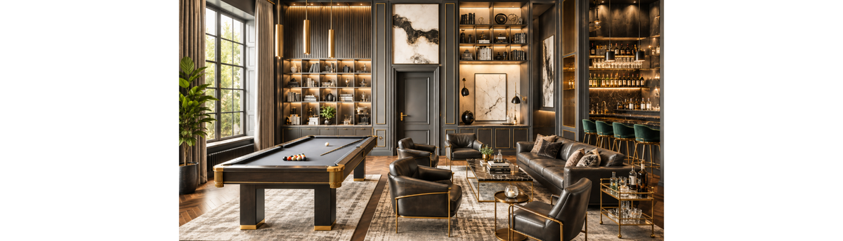 Luxury bar and den styled with billiards table, sculptures, books, decorative accessories and illuminated display shelves