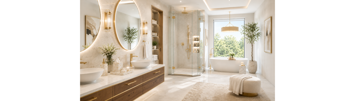 Luxury bathroom interior featuring decorative mirrors, ambient lighting, marble finishes and premium bathroom accessories styled for a contemporary Indian home