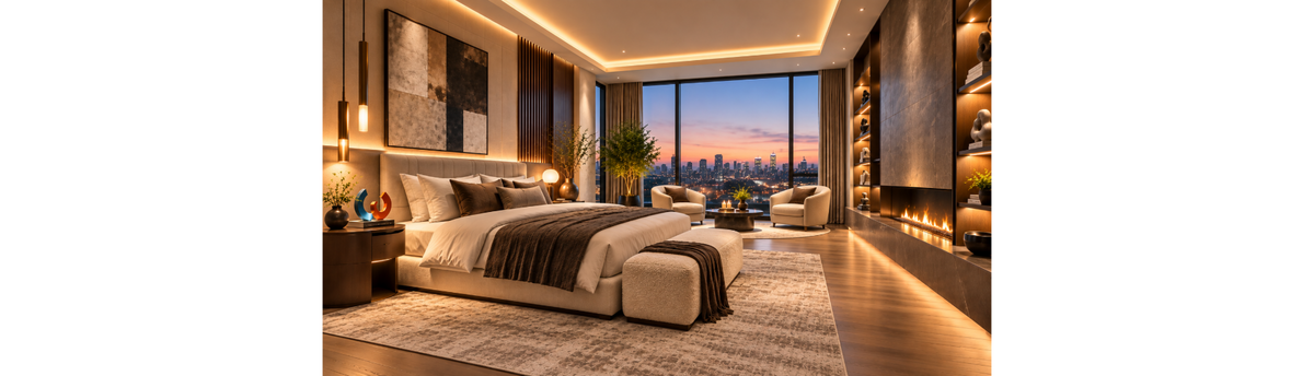 Luxury bedroom with fireplace, decorative lighting and luxury decor accessories styled for an intimate private suite