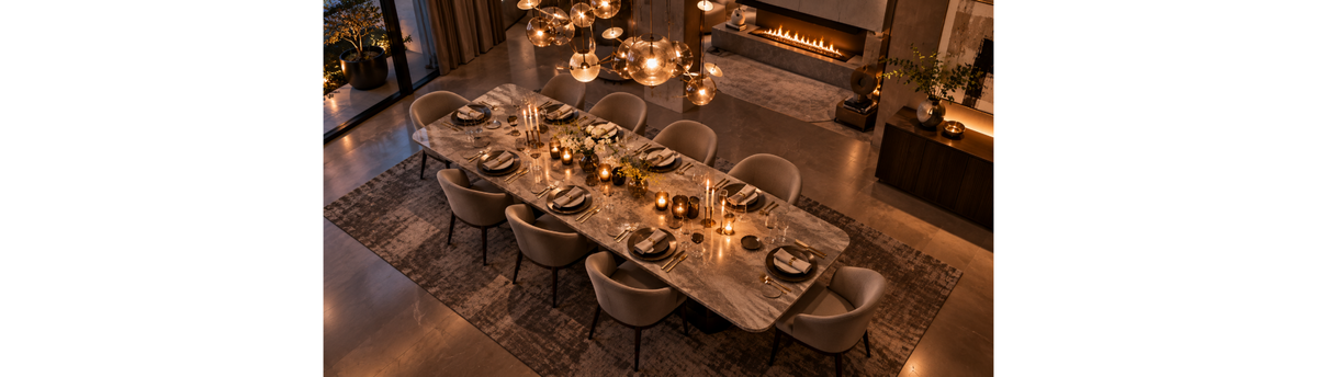 Luxury dining room with chandelier, fireplace, dining table and decor accessories styled for an elegant evening setting