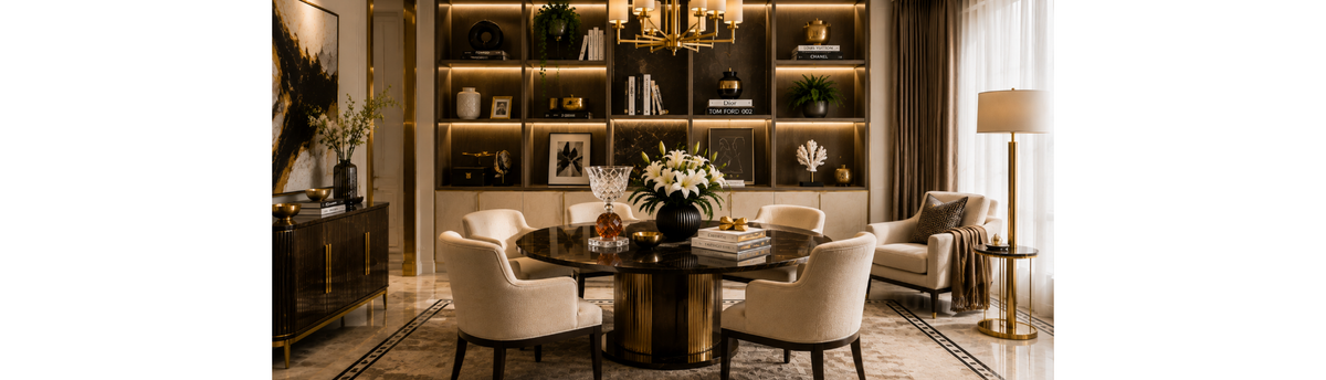 Luxury home decor accessories styled in an elegant living room with vases, sculptures, books and decorative objects