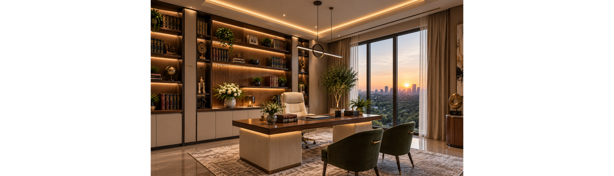Lawyers home office styled with desk accessories and sculptural decor