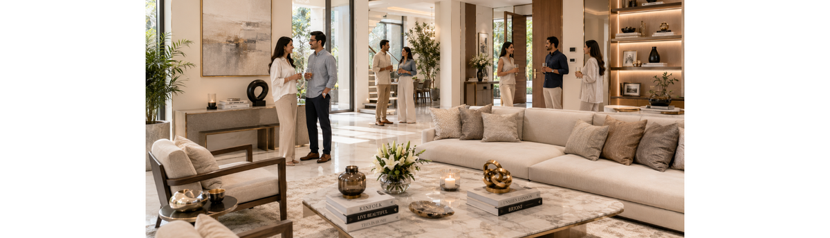Luxury housewarming gathering in a modern Indian home with decorative objects, coffee table books, candles and sculptural accessories