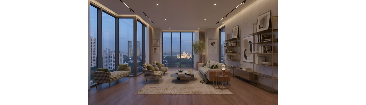 Modern luxury living room furniture curated by Praveen Kanodia in a high-rise apartment overlooking Victoria Memorial Kolkata