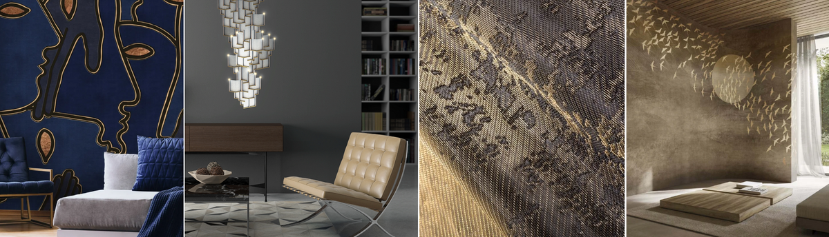 Luxury interior featuring wallpaper, mural, fresco, metal fabric and LED wall coverings