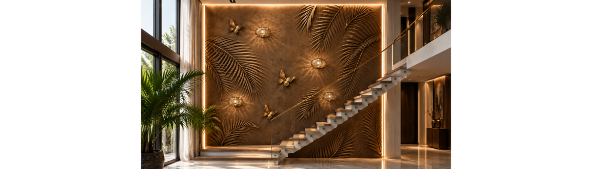 Luxury statement double height wall combining artistic surface treatment, wall art, sculpture and decorative lighting in an Indian interior