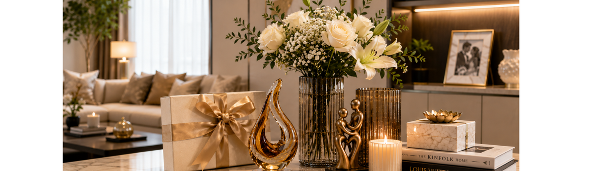 Luxury wedding gifts for newly married couples, including premium home decor accessories, statement centrepieces, sculptures and vases