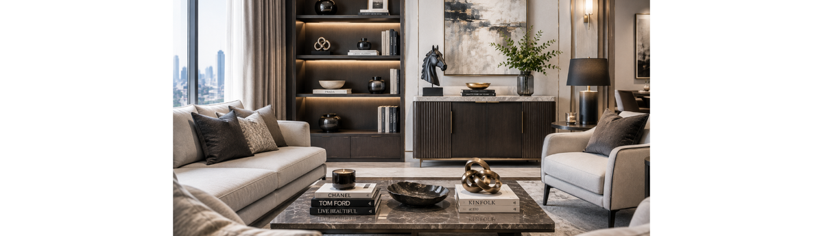 Luxury living room styled with vases, sculptures, coffee table books and decorative objects creating a balanced interior composition