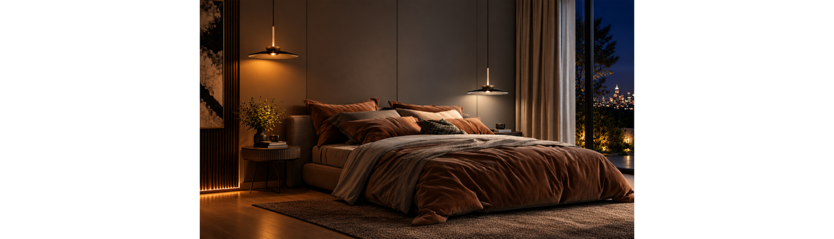 Contemporary bedroom with adjustable pendant lighting on either side of the bed, warm brown bedding and a dark feature wall
