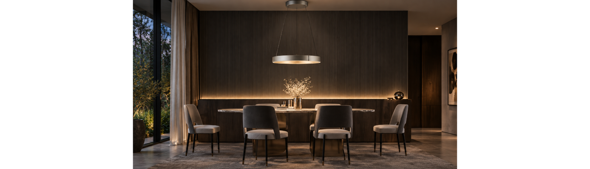 Neuhaus Pure E-Clipse kinetic suspension lights in Bronze, Stone and Mystic Grey finishes, featuring motorised height adjustment.