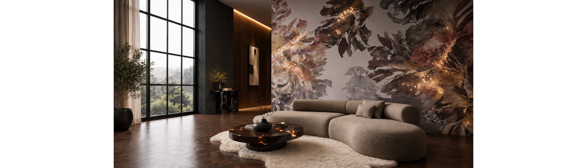 Flower design wallpaper with integrated lighting and decorative crystal details, creating an illuminated feature wall.