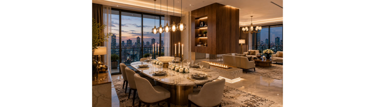 Realistic linear fireplace creating a warm focal point in a luxury living and dining interior