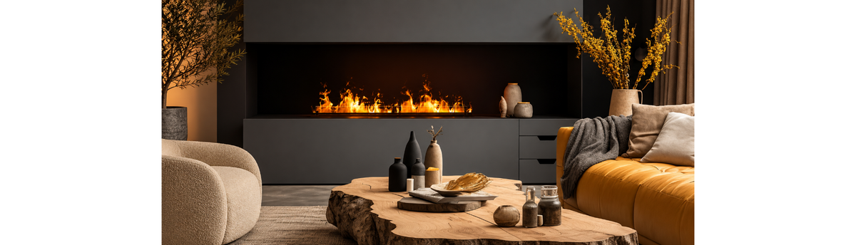 Planika Cool Flame water vapour fireplace with a realistic flame effect in a contemporary luxury living room by Spacio.