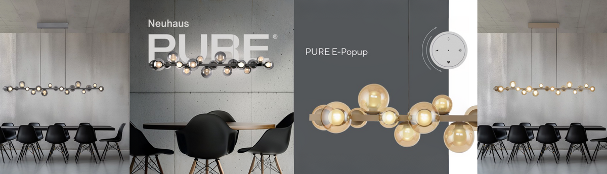 Neuhaus Pure E-Popup kinetic chandelier with an elongated design and motorised height adjustment above a dining table