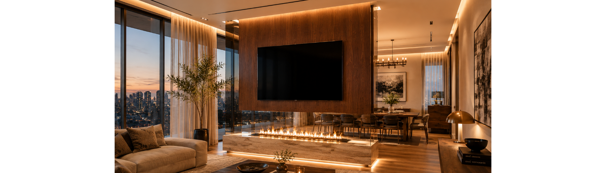 Water vapour fireplace used as a partition between the living and dining areas of a luxury contemporary apartment