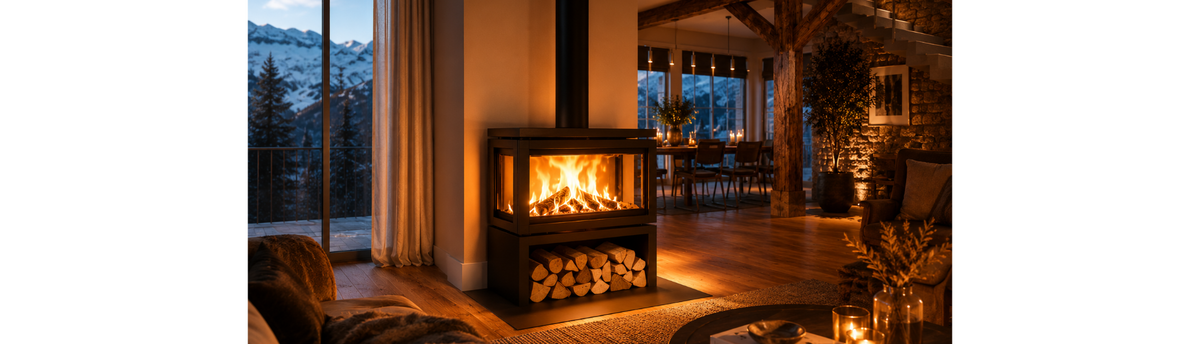 Modern wood burning fireplace in a luxury hill home with snow-covered mountains