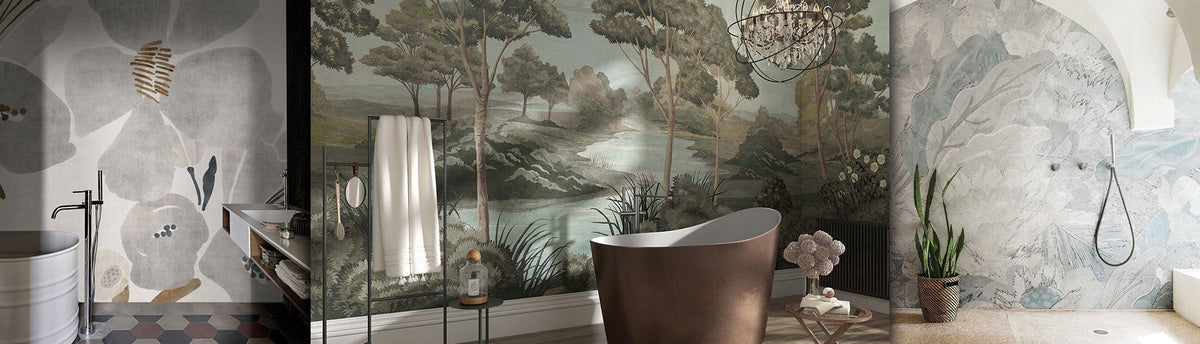 Collage of waterproof wallpaper in shower, bathroom & powder toilets. 