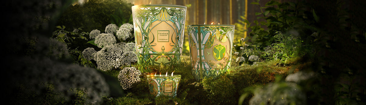 Baobab's Tomorrow land candles in 3 difference sizes styled in a luxury setting. 