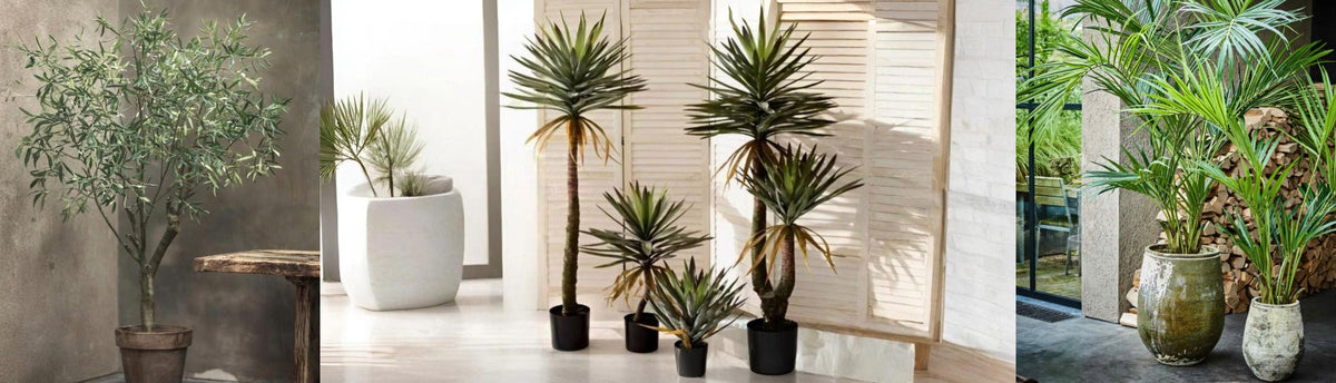 Collage of artificial plants and trees available at Spacio retail stores in India