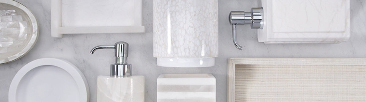 Collage of individual bathroom accessories in white colour