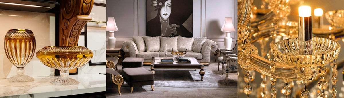 Collage of Classical interiors look and space with decor, furniture and decorative lighting at Spacio in India