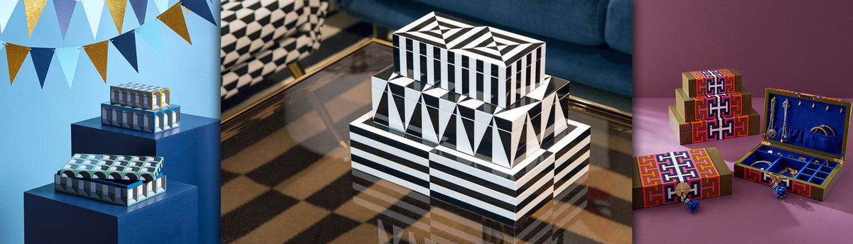 Collage of different designs and shapes of decorative boxes
