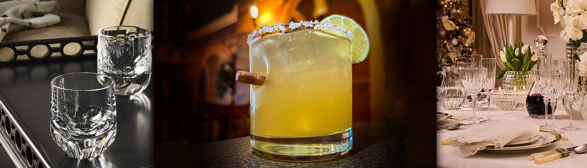 Collage of whiskey, cocktail and champagne flutes